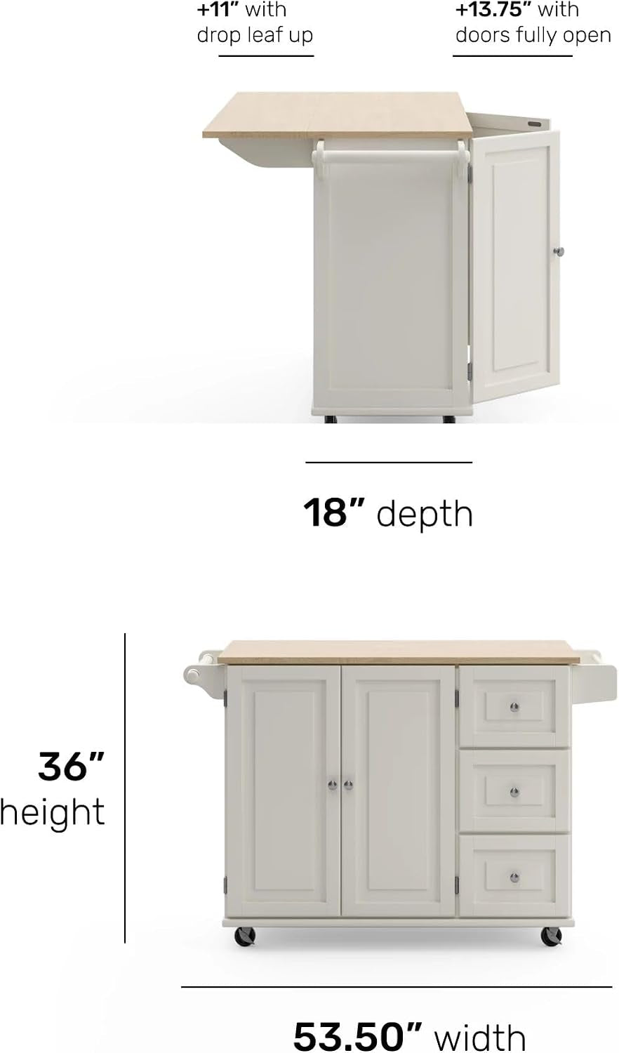 Side profile of off-white kitchen island cart with drop leaf extended upward and a side towel handle visible