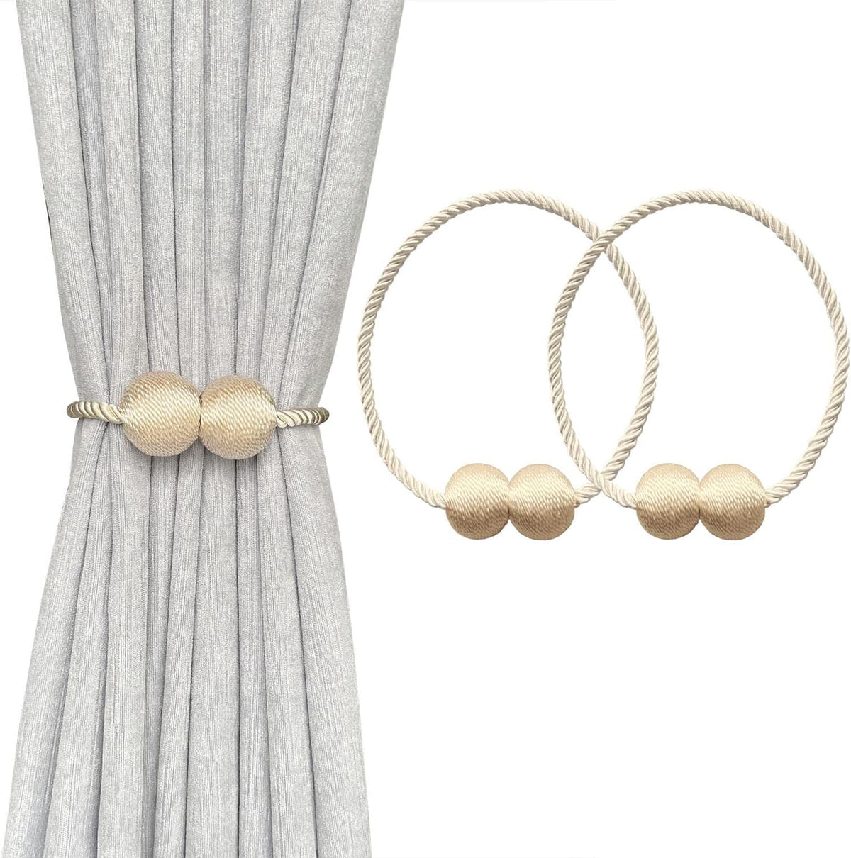 Gray curtain gathered by a beige/gold twisted-rope magnetic tieback with two matching gold-tone spherical accents; two loops