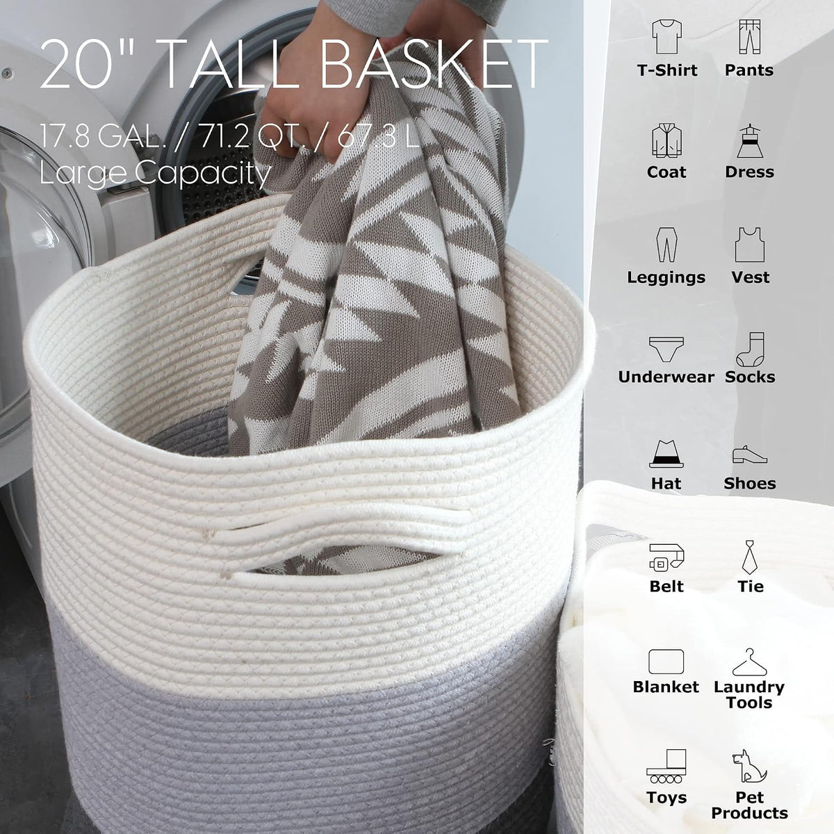 White interior view of a cotton rope laundry basket showing open top and someone placing laundry inside