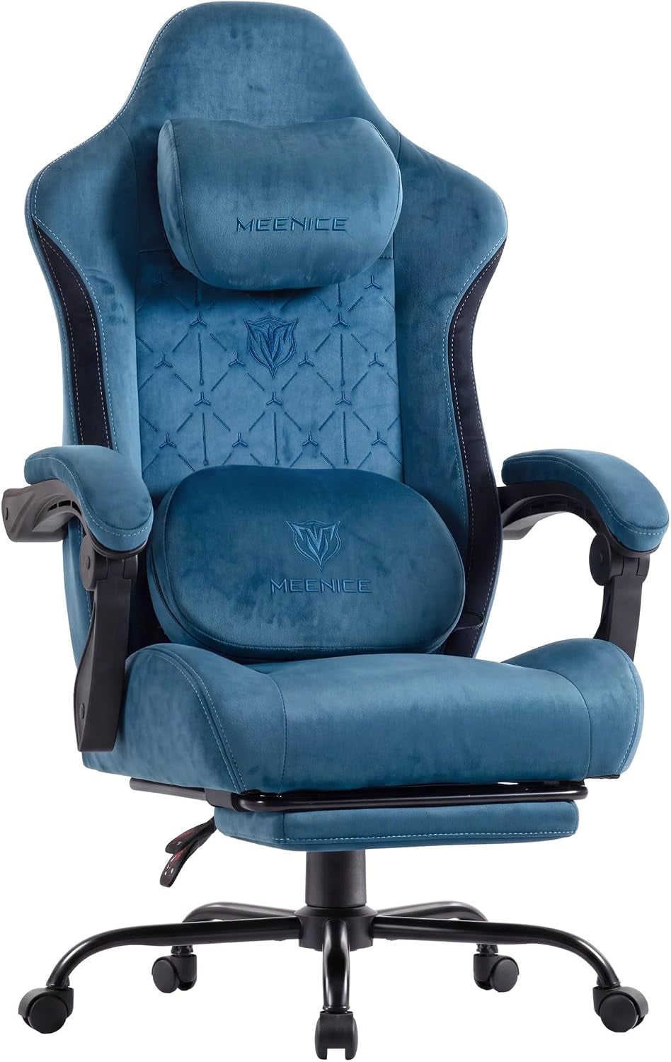 Front studio view of a teal-blue fabric high-back gaming chair with lumbar pillow and partially extended footrest.