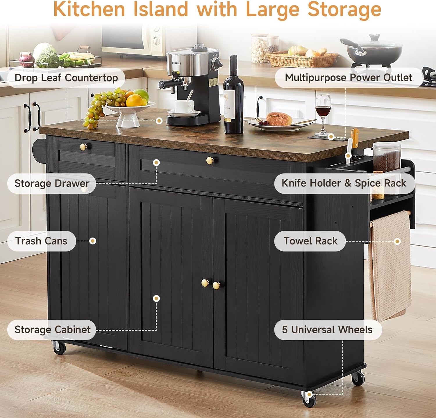 Staged black island with rustic top showing labeled features including drop leaf, power outlet, storage drawers and towel bar