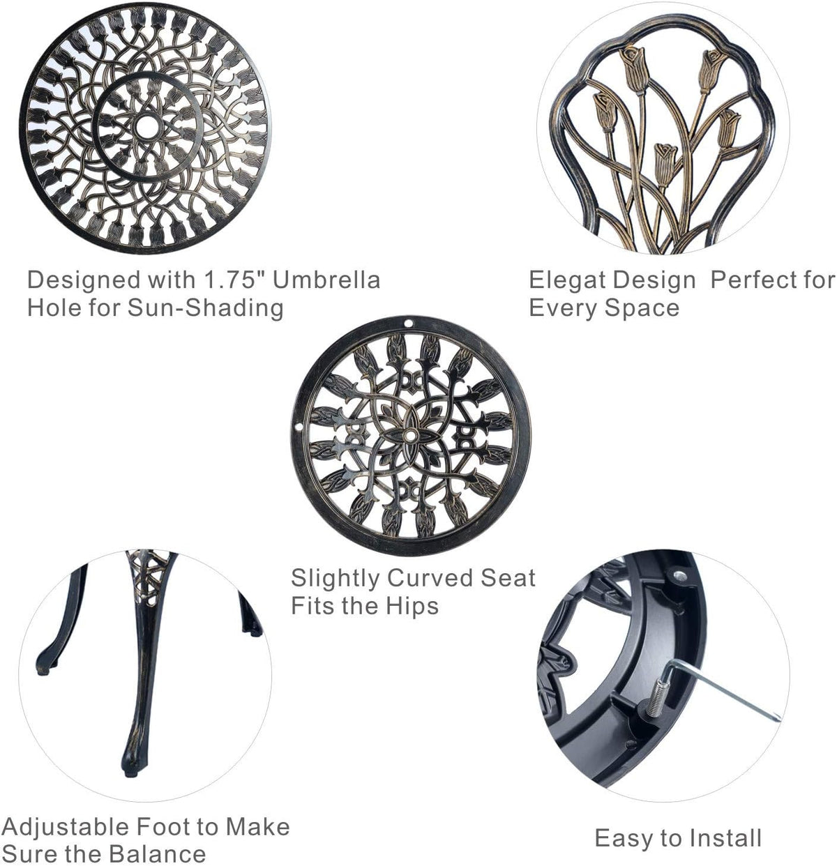 Collage of circular close-ups: tabletop filigree, floral chair-back detail, a curved leg foot, and an assembly screw area.