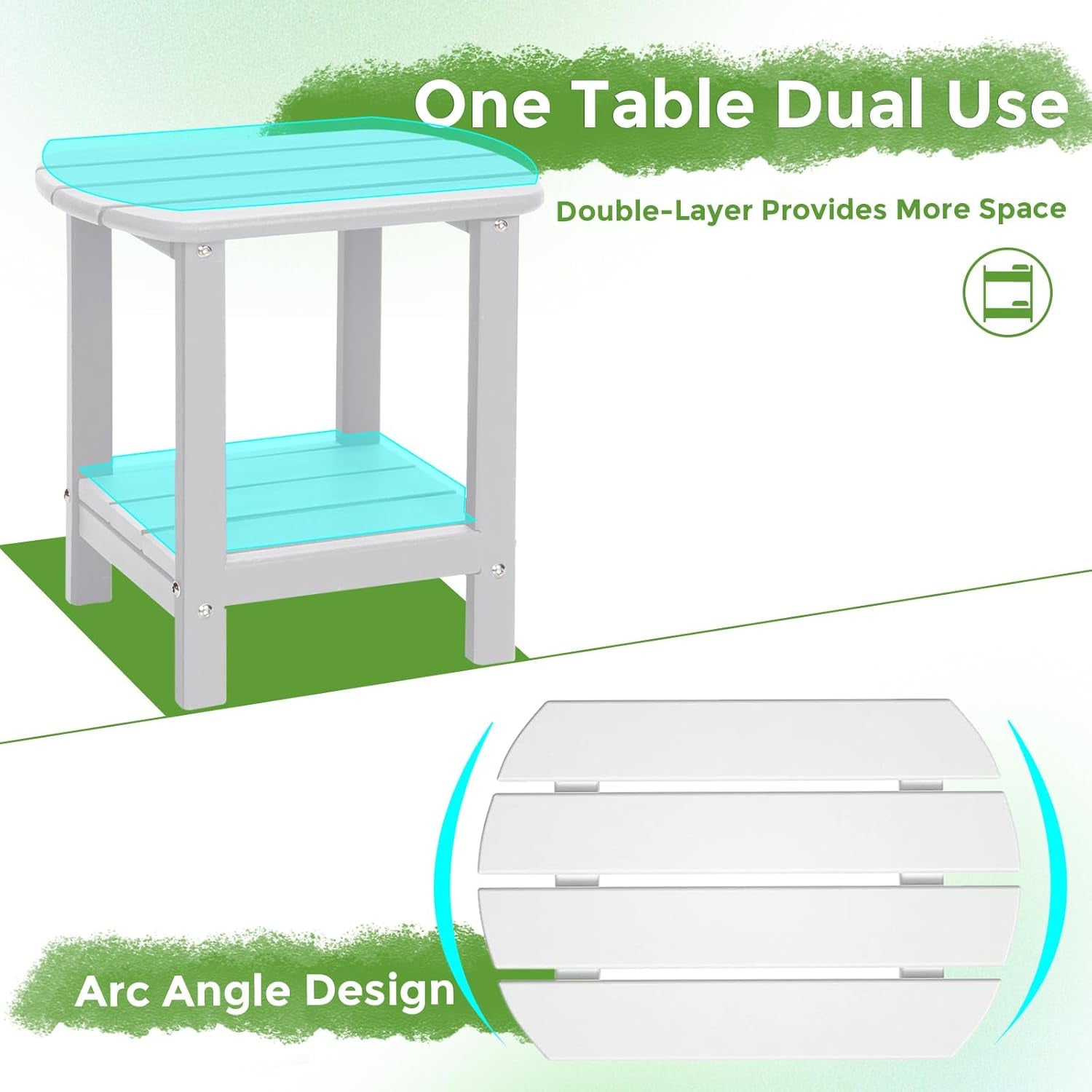 Diagram highlighting the table's dual-use two-layer design and arced slatted top shape