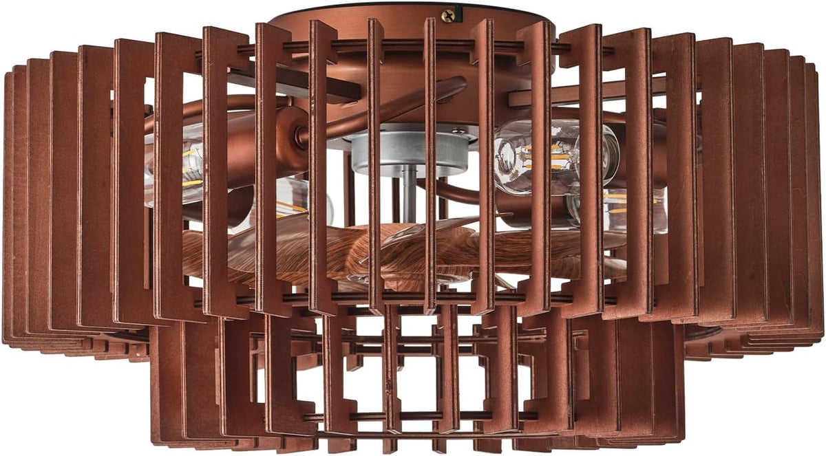 Studio front close-up of the brown slatted cage revealing the inner wooden blades and bulb sockets.