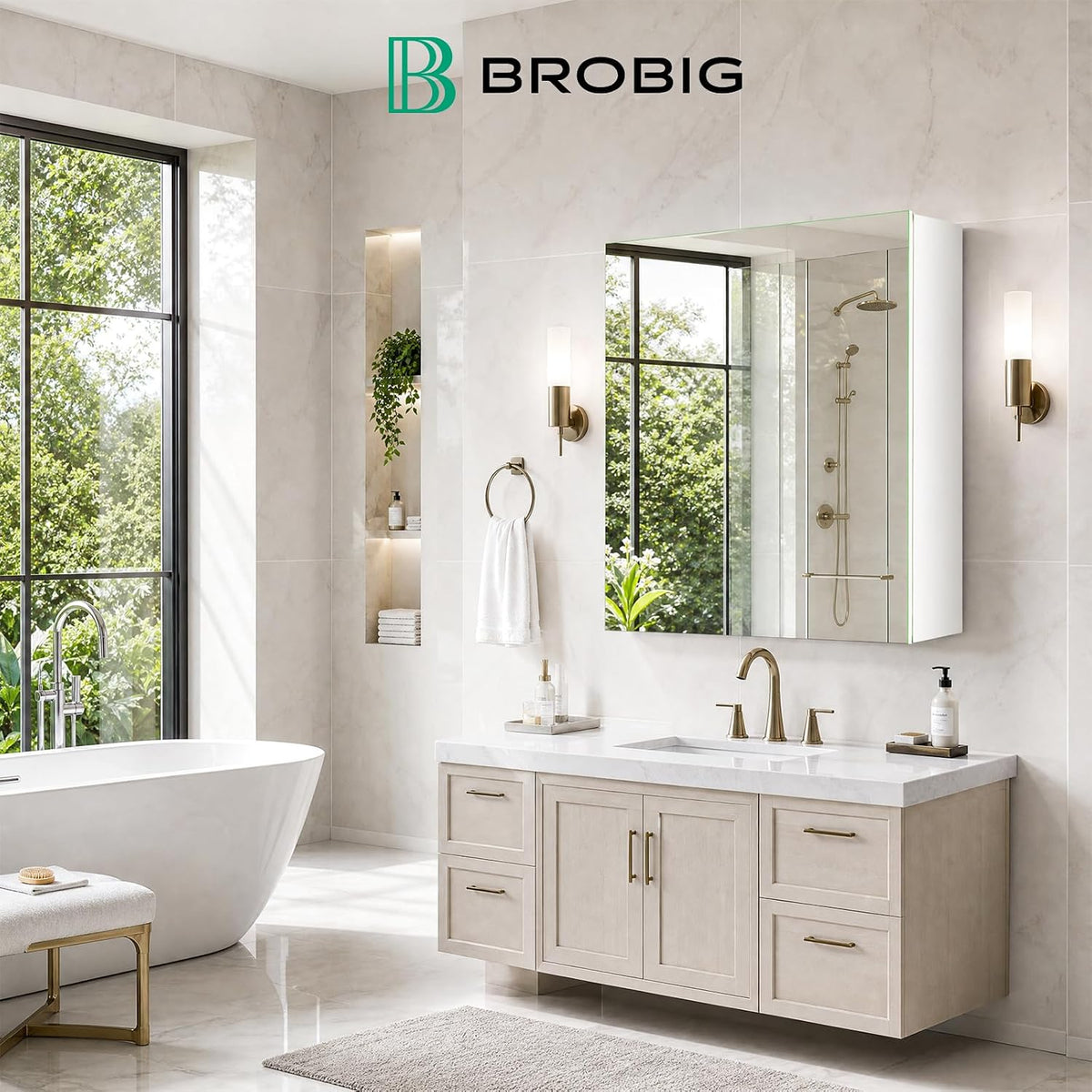 Bathroom scene with mirrored medicine cabinet above a floating vanity, freestanding tub, recessed niche and large mullioned