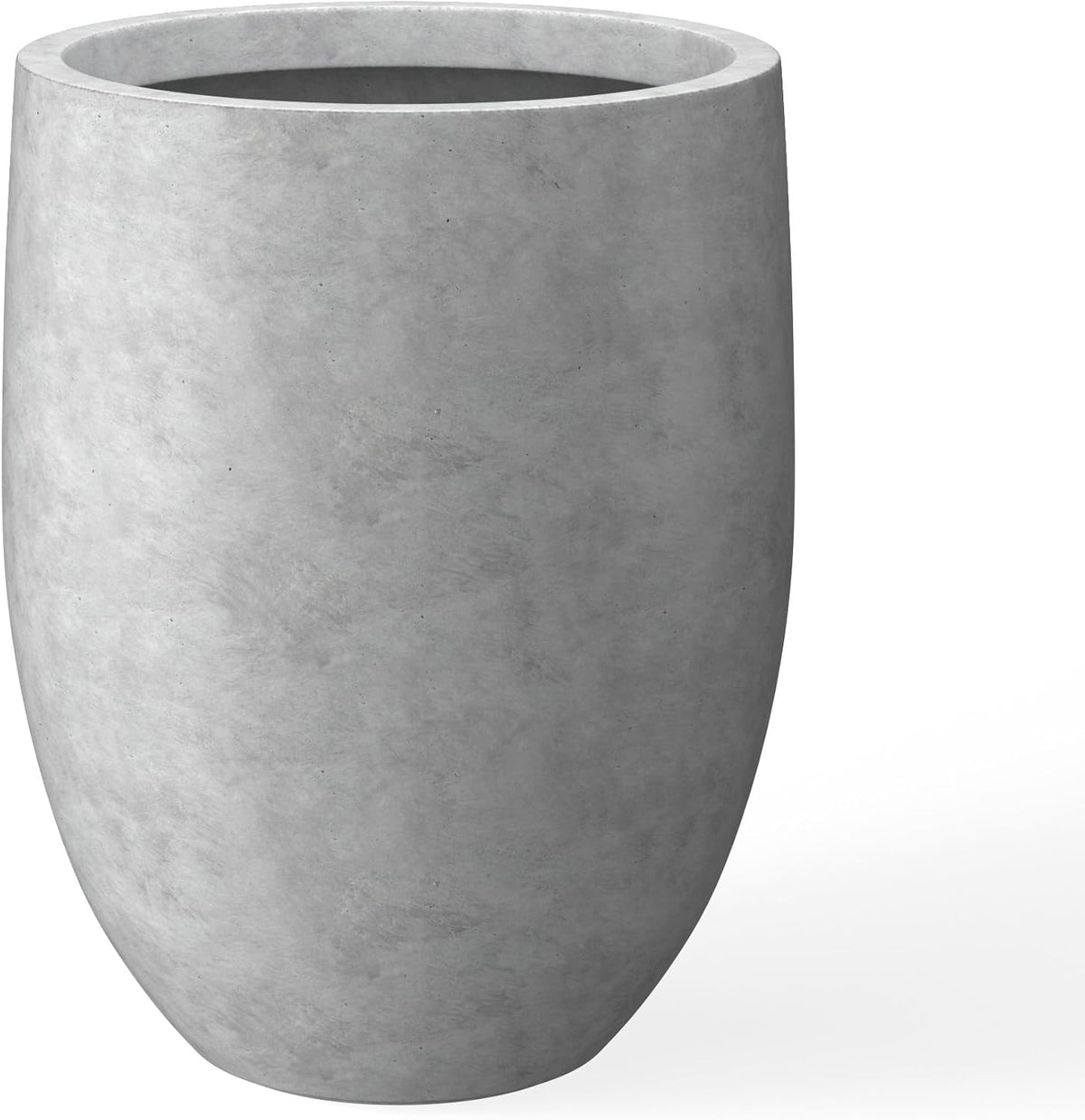 Three-quarter side view of a tall light gray planter showing a mottled concrete texture