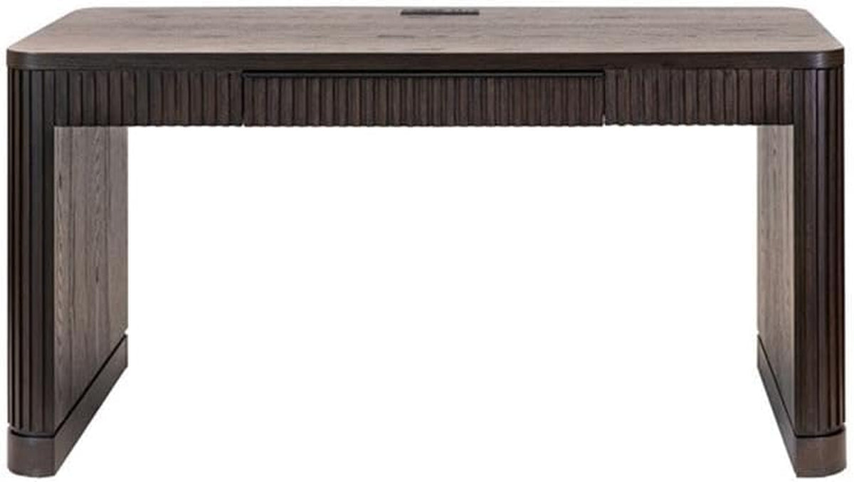Front view of brown writing desk showing fluted tambour trim and integrated power access on the desktop