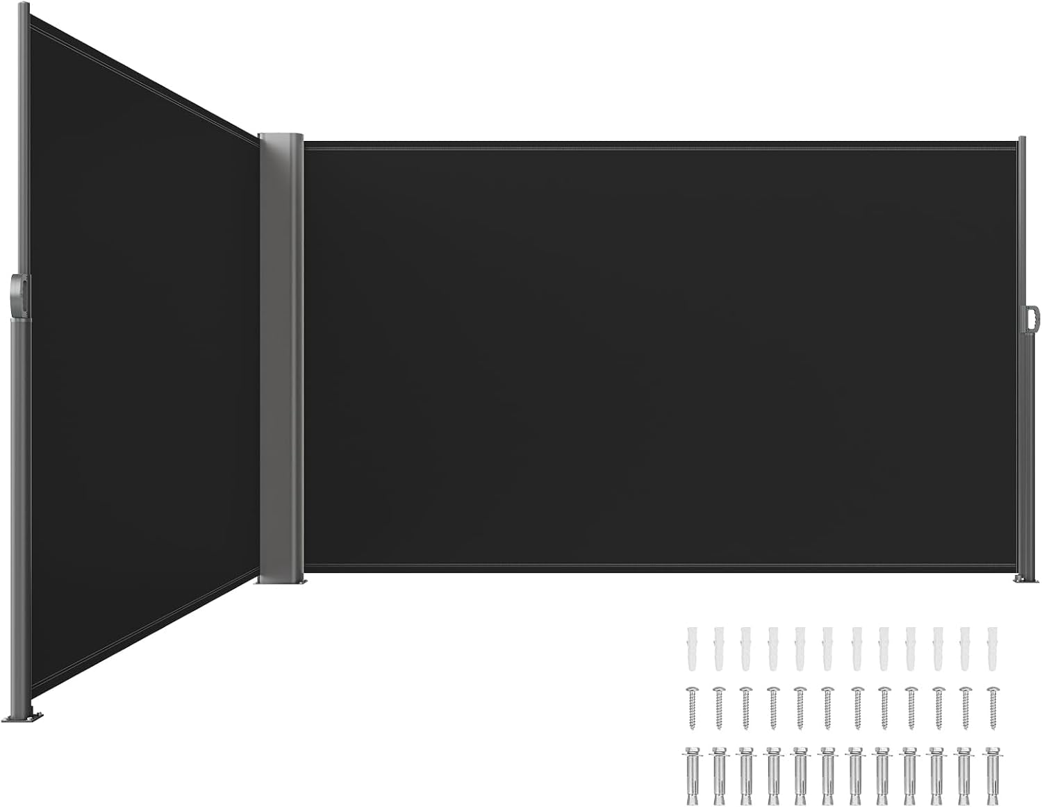 Front view of two adjacent extended black awning panels in an L arrangement with rows of screws and anchors laid out beneath.