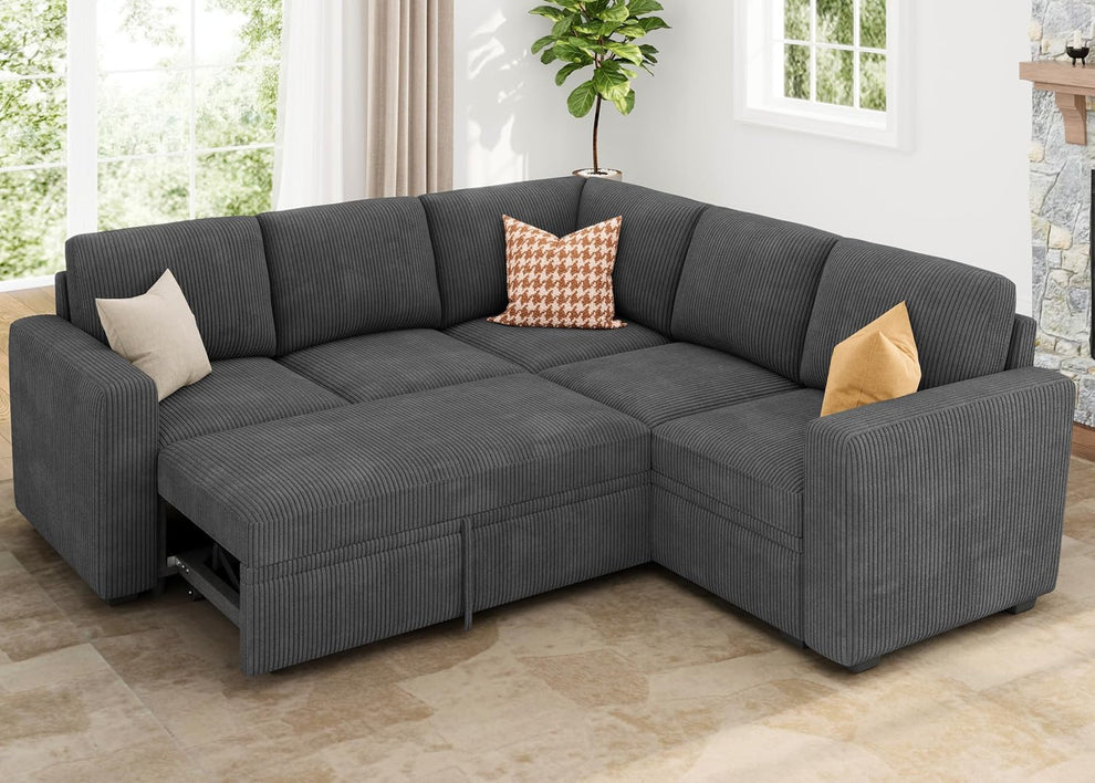 Modular Sectional Sleeper Sofa with Pull Out Bed, Corduroy L Shaped Couch with Storage Seats, Convertible Sectional Couches for Living Room, Dark Grey