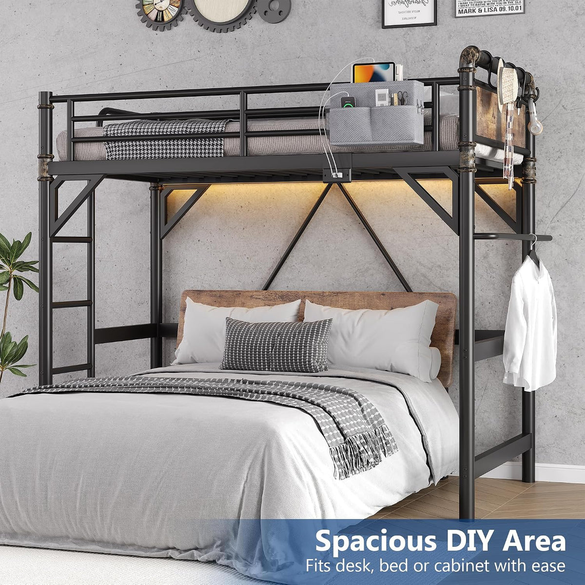 Loft bed above a full bed, ladder at left and a clothing rod at right with a hanging shirt, neutral bedding below.