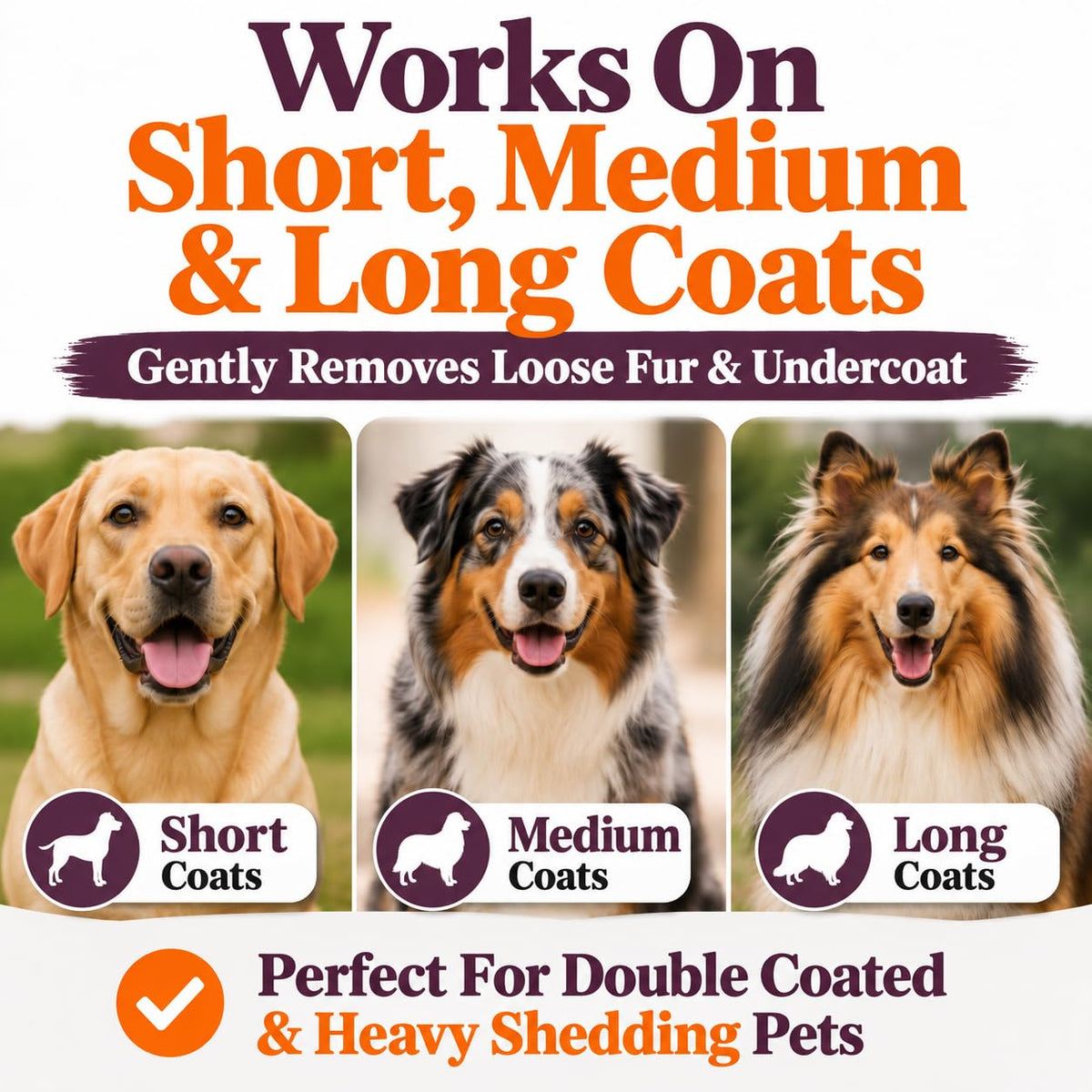 Three portrait panels of smiling dogs labeled for short, medium and long coats.