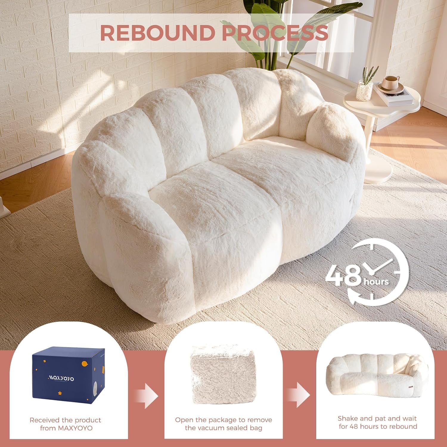 Beige floral-shaped faux fur loveseat shown with rebound process graphics indicating unboxing and 48-hour expansion