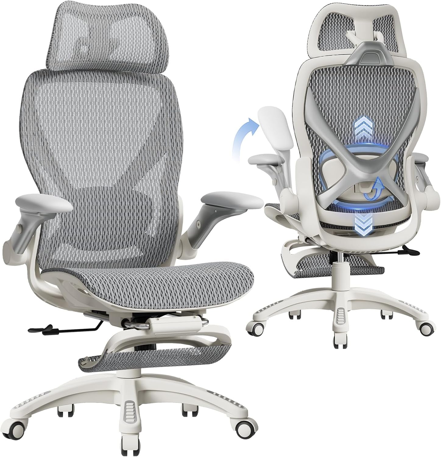 Two-view layout of grey mesh office chair showing front and rear views and retractable footrest