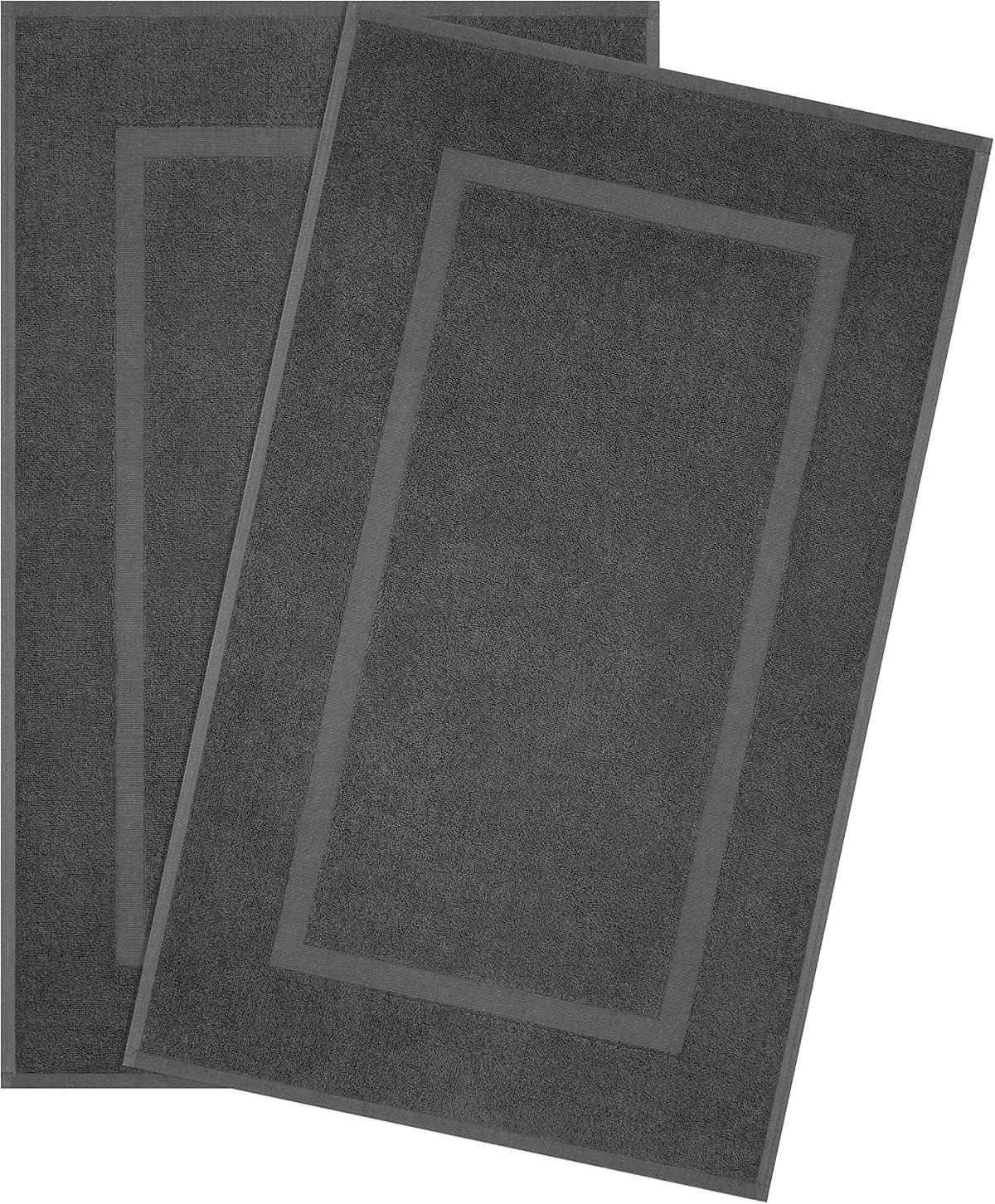 Two overlapping dark gray rectangular bath mats laid flat showing bordered inner rectangle