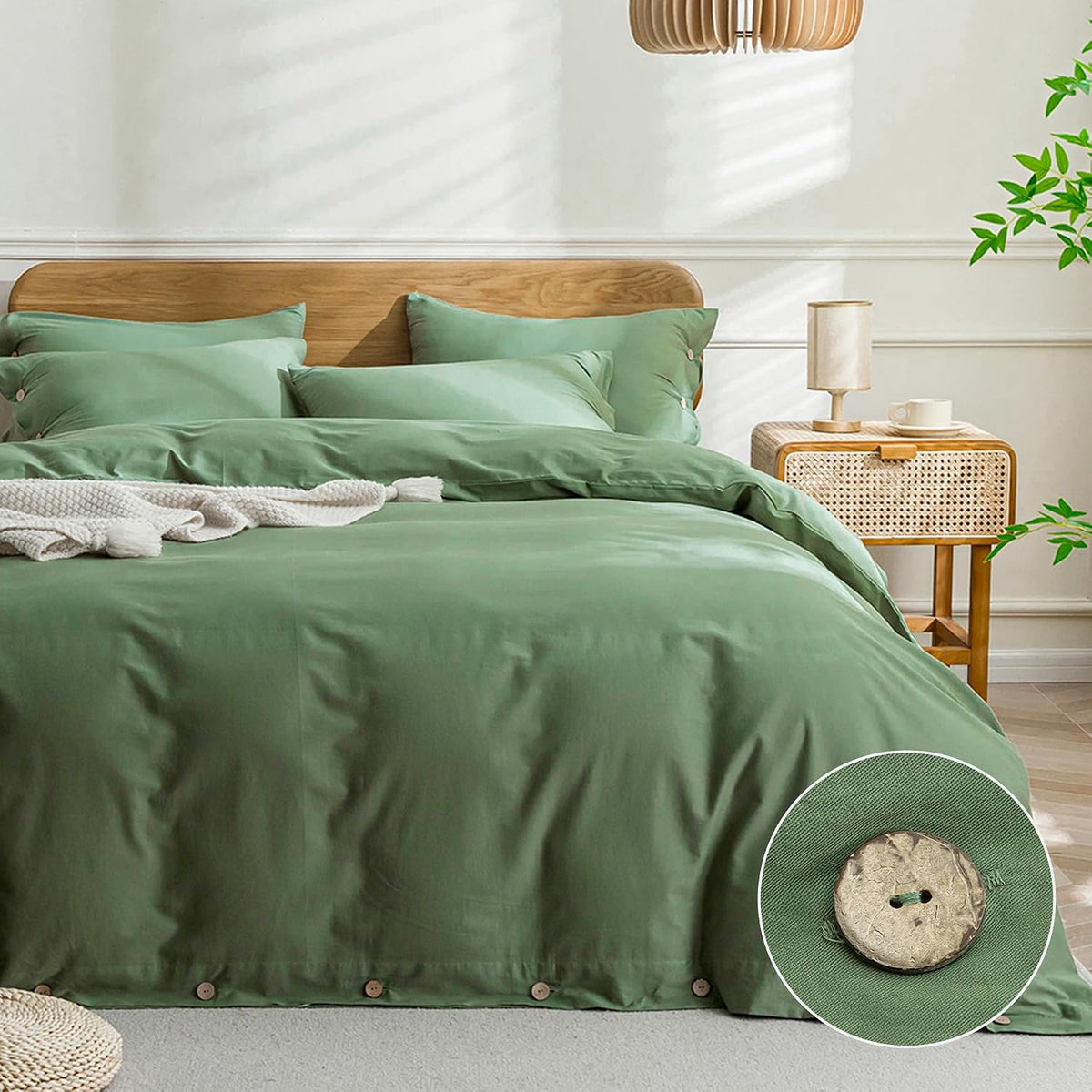 Front view of a rich green duvet with a circular inset showing a close textured view of the fabric and button.