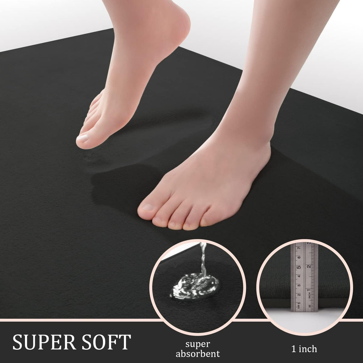 Feet pressing into black memory foam mat to show plush surface and absorbent performance