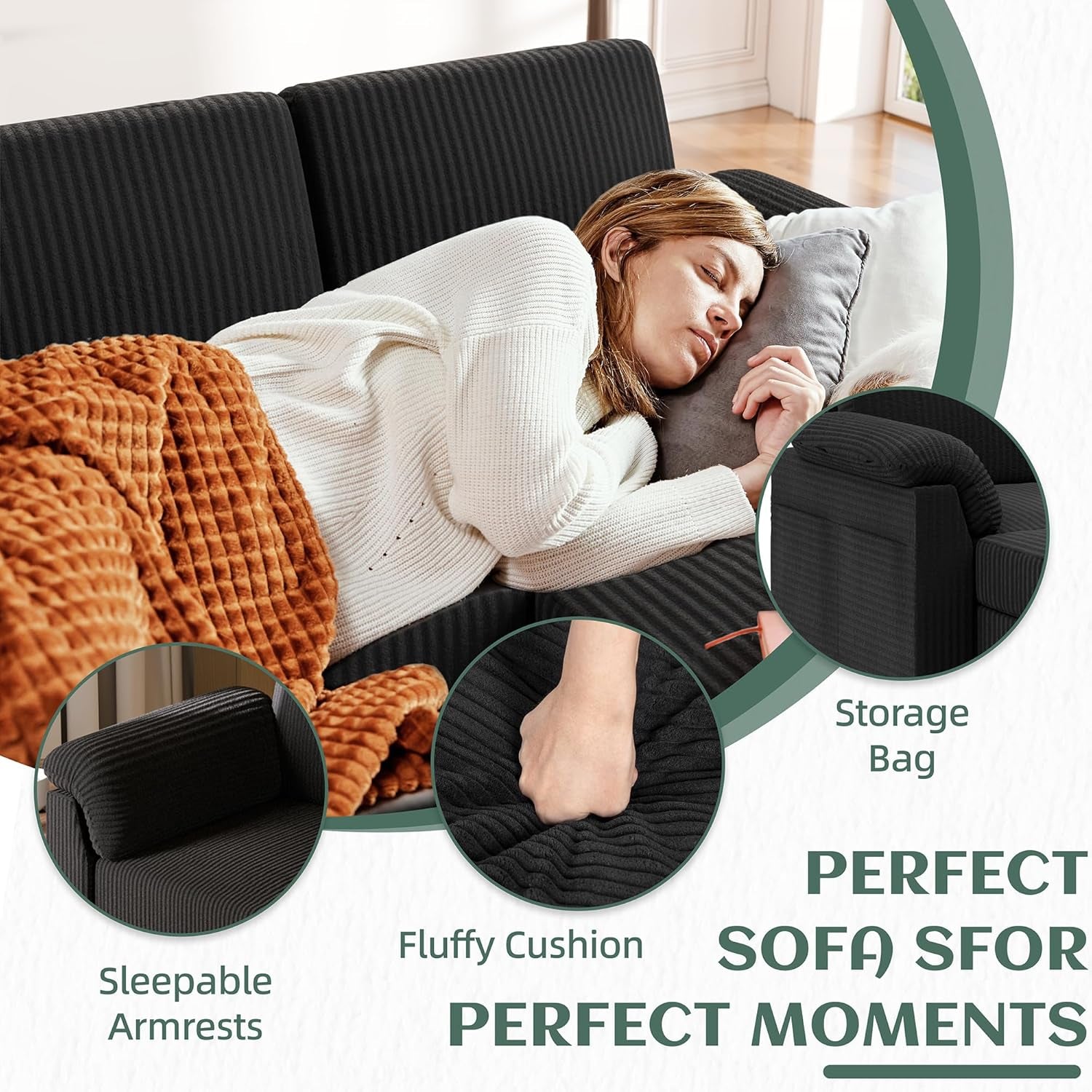 Convertible Sectional Couches, 3 Seat L Shaped Couch Sofa with Removable Pillows Soft Corduroy Fabric Small Couch Mid Century for Living Room, Apartment and Office (Black)