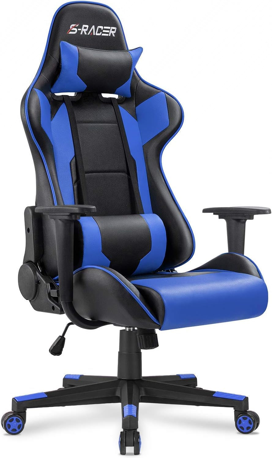 Front three-quarter view of a blue and black racing-style office chair with adjustable armrests and head cushion