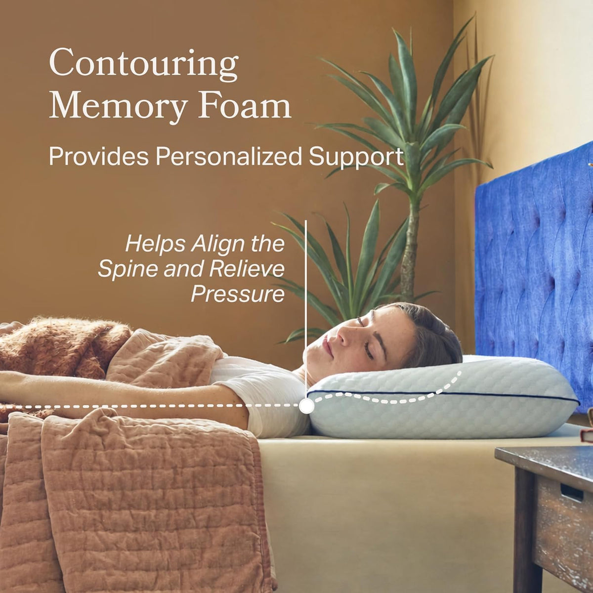 Side view of a person lying on the pillow showing contouring support and the pillow's ventilated profile