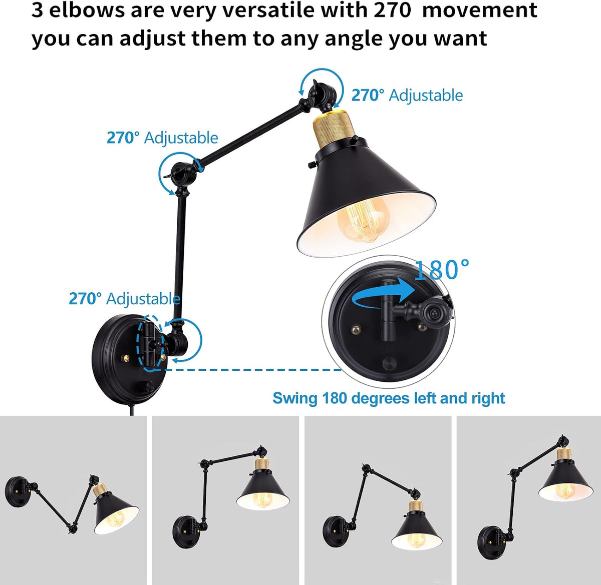 Adjustable black swing-arm wall sconce showing three 270° elbow joints and 180° base swing