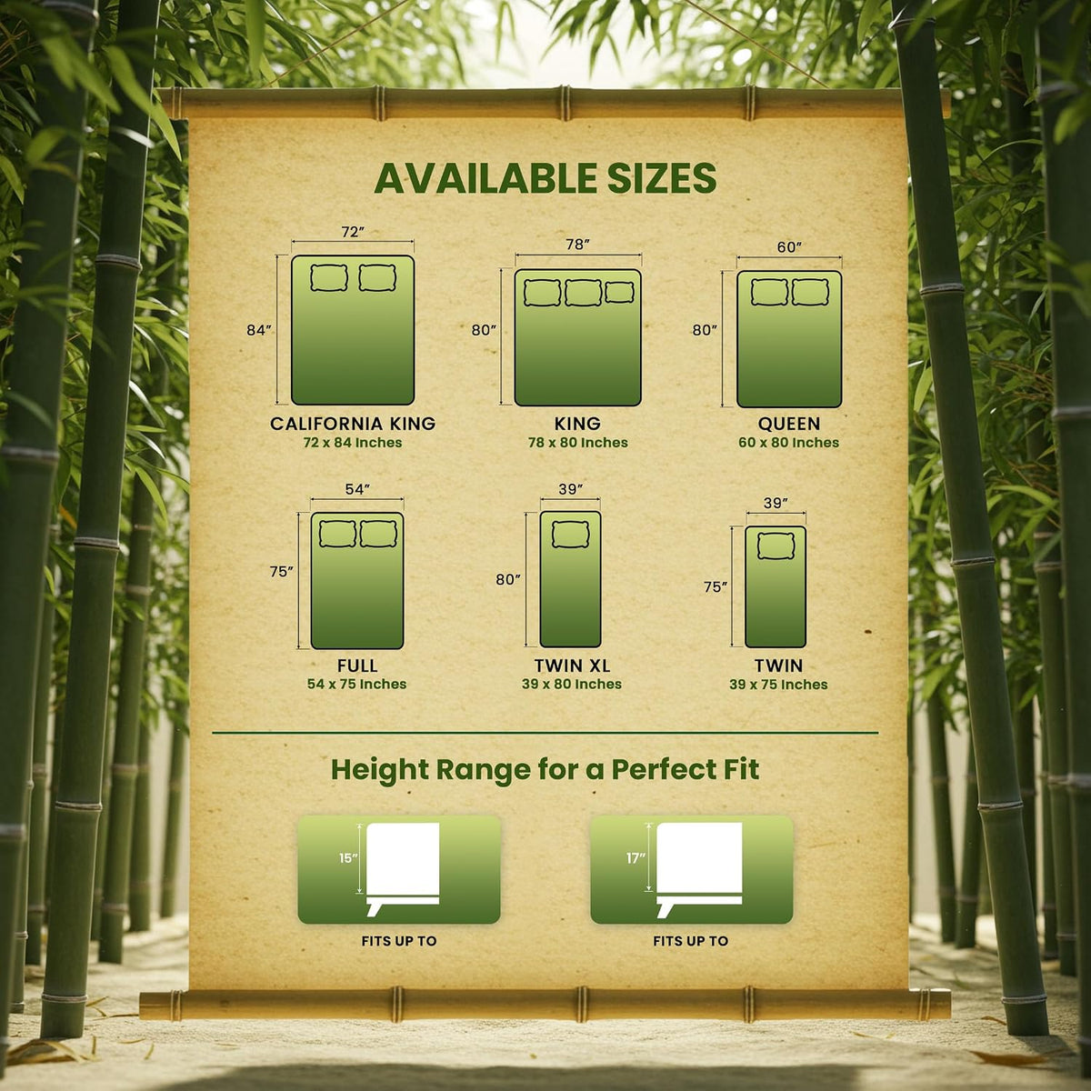 Graphic chart displaying available mattress protector sizes and height range icons