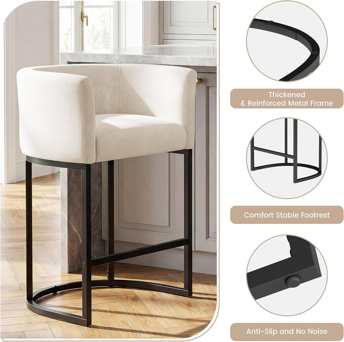 Detail collage of off-white stool showing black metal C-shaped base, comfort footrest and anti-slip floor protector.