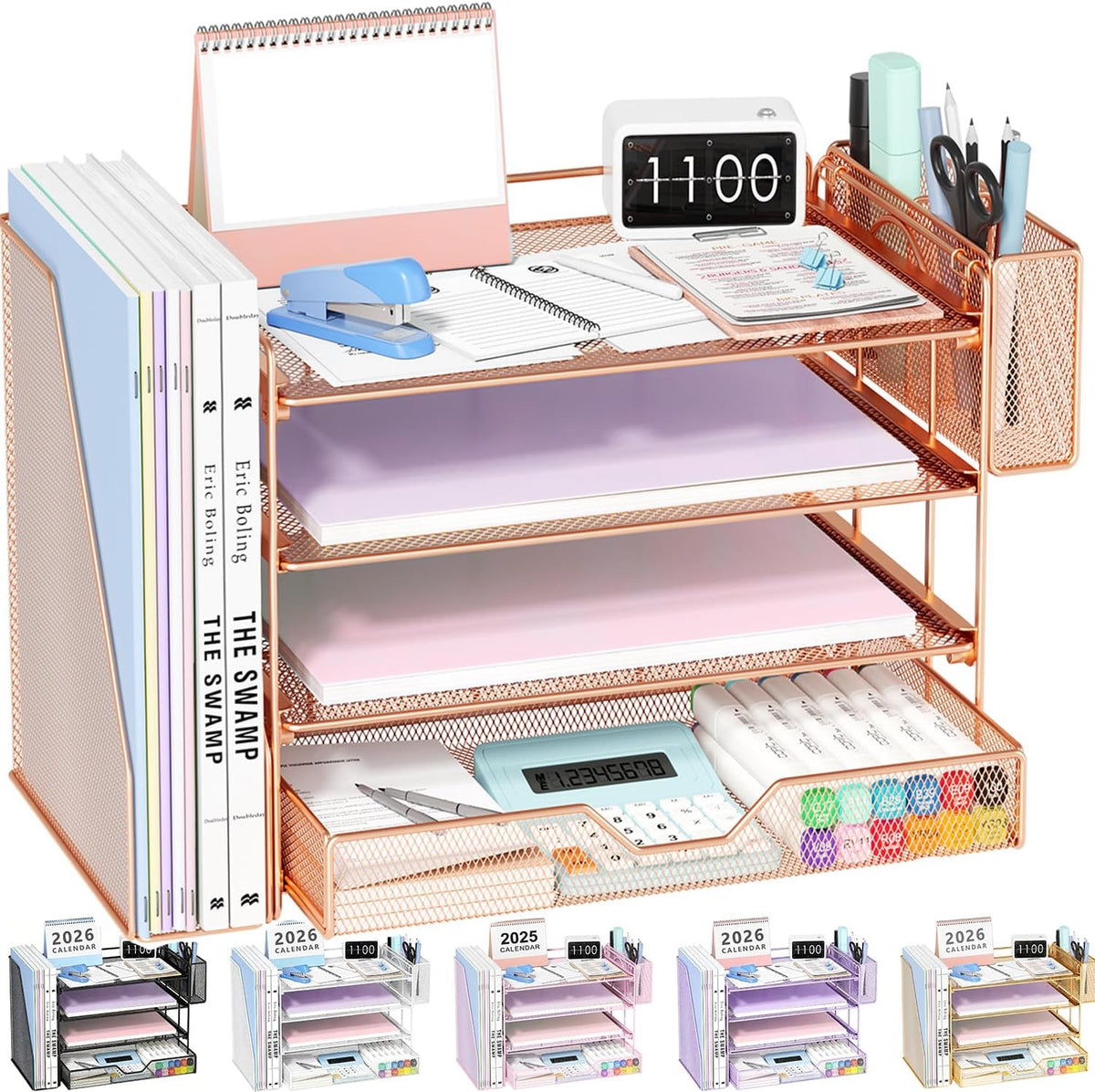 Rose-gold mesh 4-tier organizer displayed with pads, markers, calculator and vertical book slot
