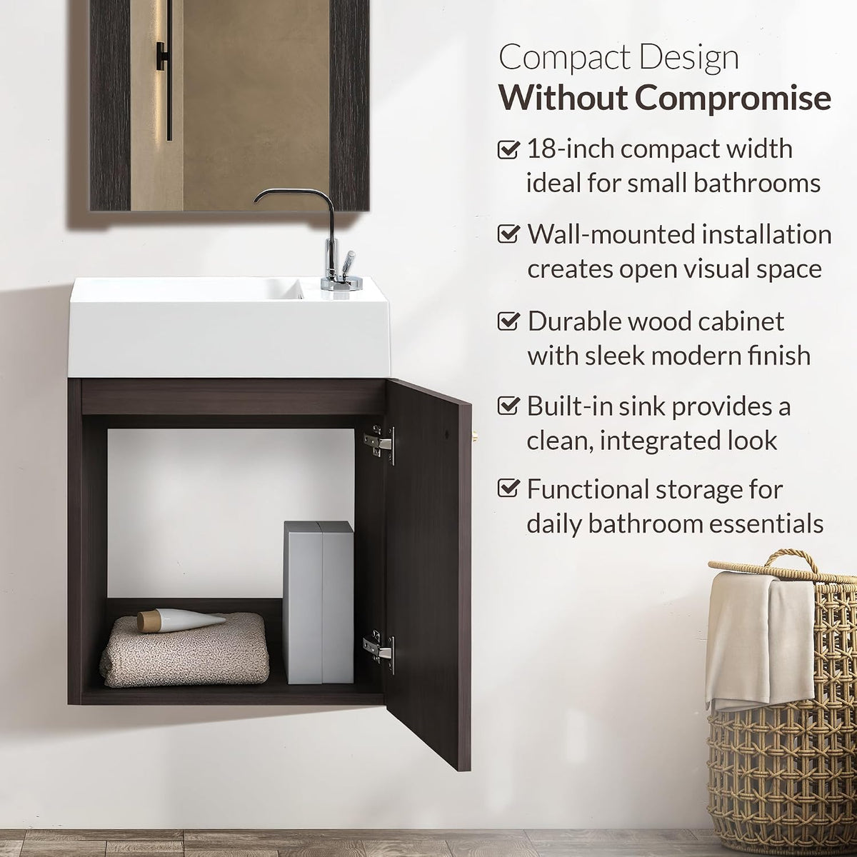 Front view of the vanity with its door open showing a single shelf inside and a towel and box stored.