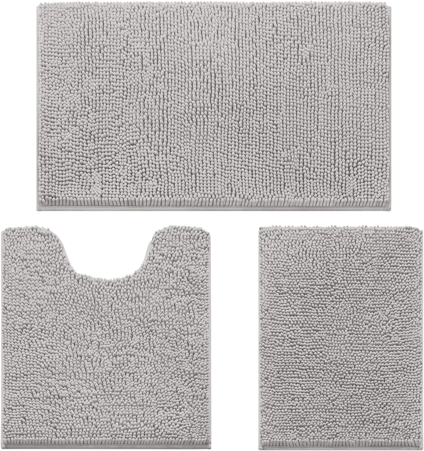Three-piece light gray chenille bath rug set shown flat: large mat, U-shaped toilet rug, and smaller rectangular rug.
