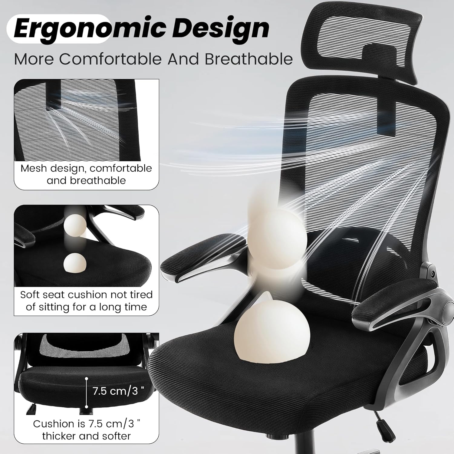 Angled front view of black mesh office chair highlighting breathable back, padded seat and armrests