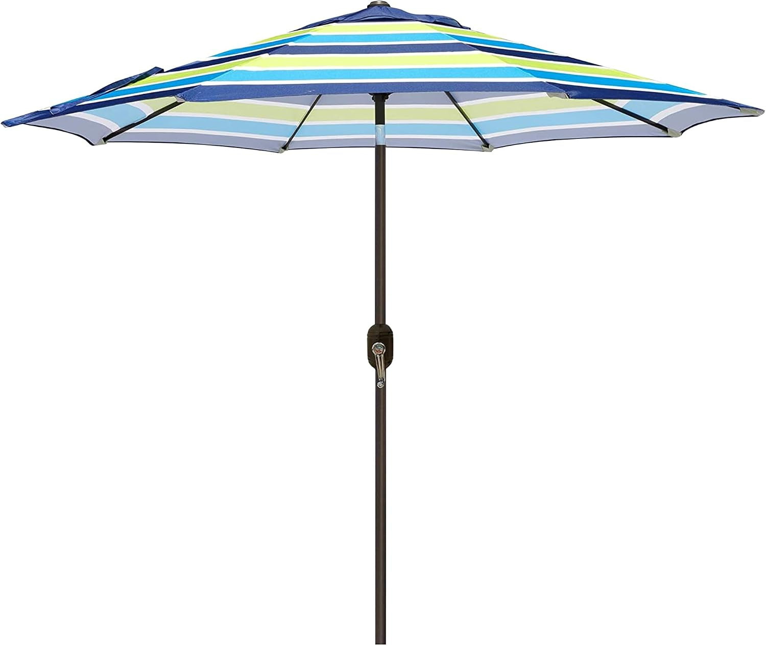 Striped blue and green outdoor umbrella open showing ribs and brown center pole