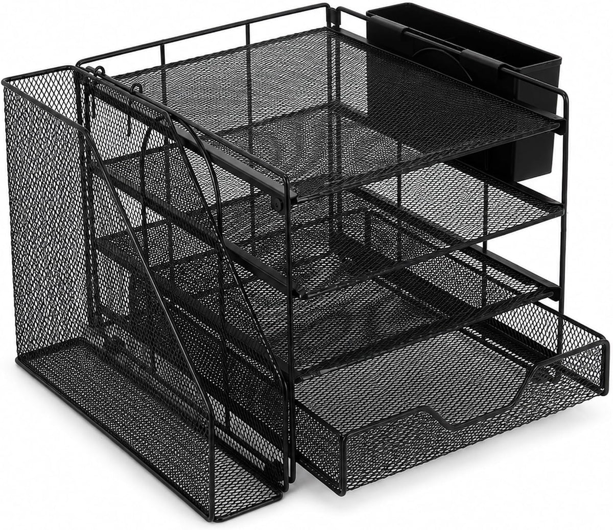 Three-quarter view of a black metal mesh four-tier desk organizer with a front drawer and side pen cup.