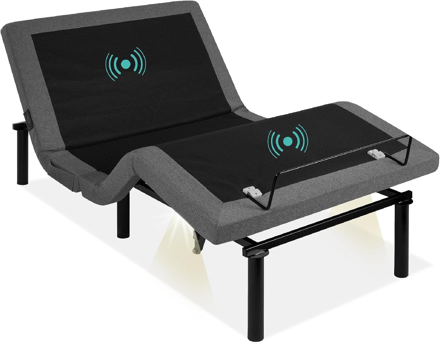 Split king adjustable bed base in gray fabric with raised head and foot sections, black mattress retainer and glowing