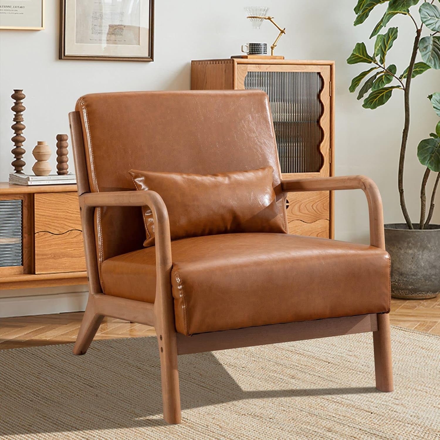 Camel PU leather accent chair angled front view in a living room setting