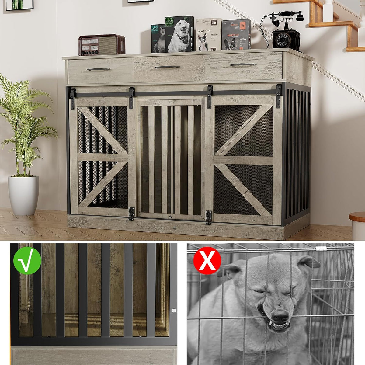 Split close-up: left shows vertical slatted door with green check, right shows a barred metal cage and distressed dog with
