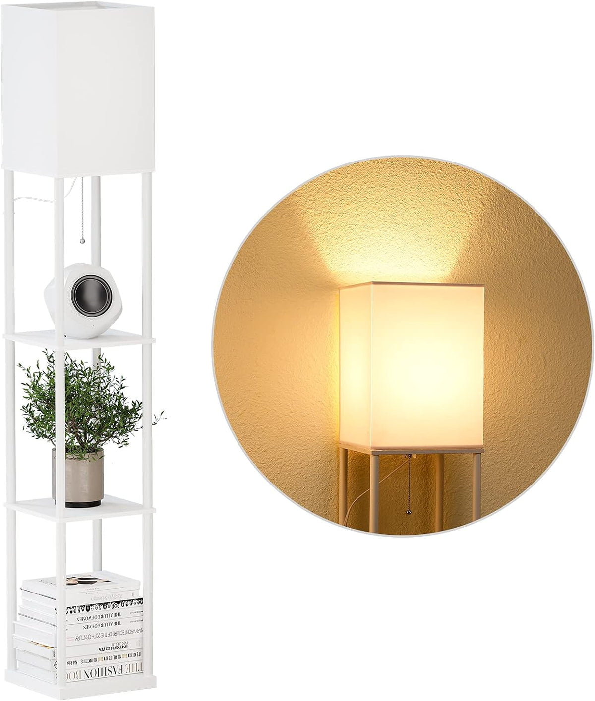 Tall white floor lamp with four open square shelves holding books and plants, and a rectangular white shade.