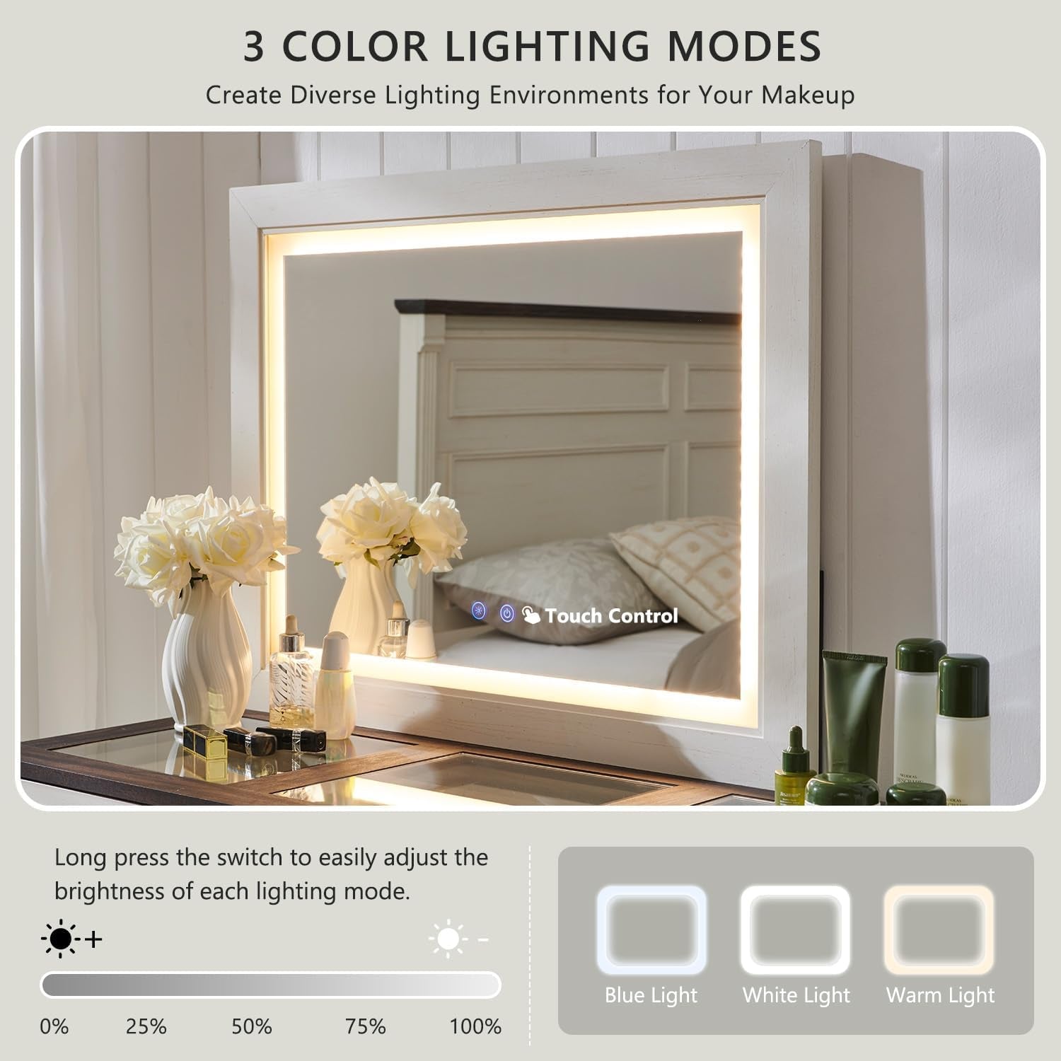 LED mirror close-up showing touch controls and the warm, natural, and cool lighting modes