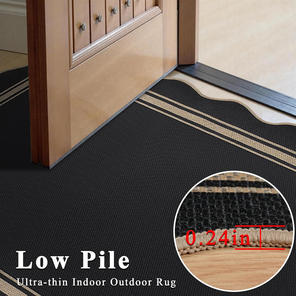 Black scalloped rug with beige double stripes placed at an entryway; circular inset shows a close-up of the woven edge.