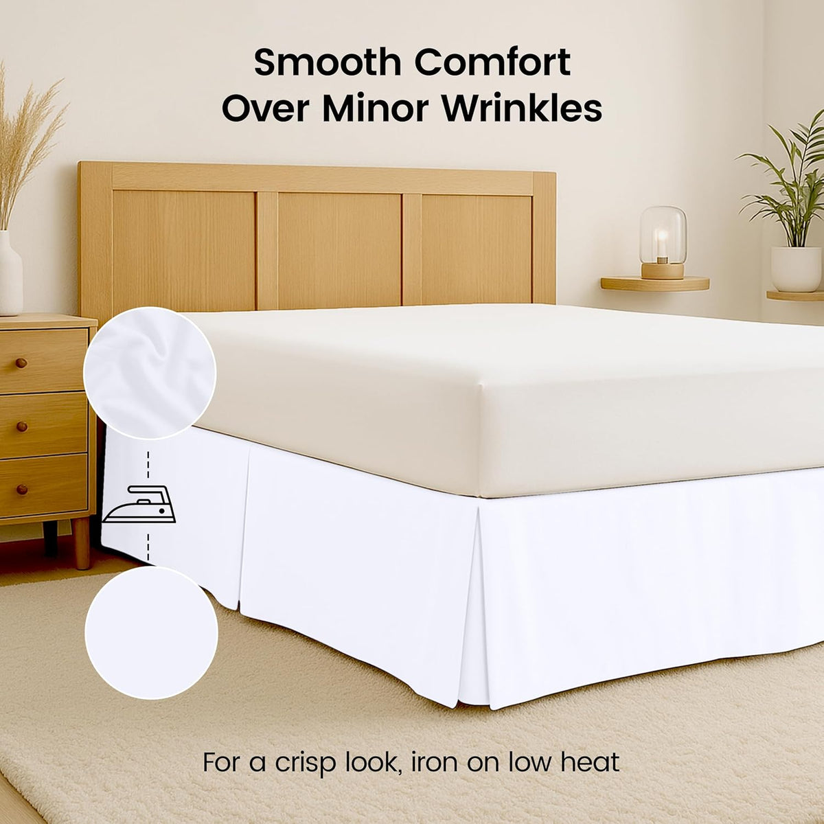 Side view of a bed with a smooth mattress and a white pleated skirt falling to the floor.