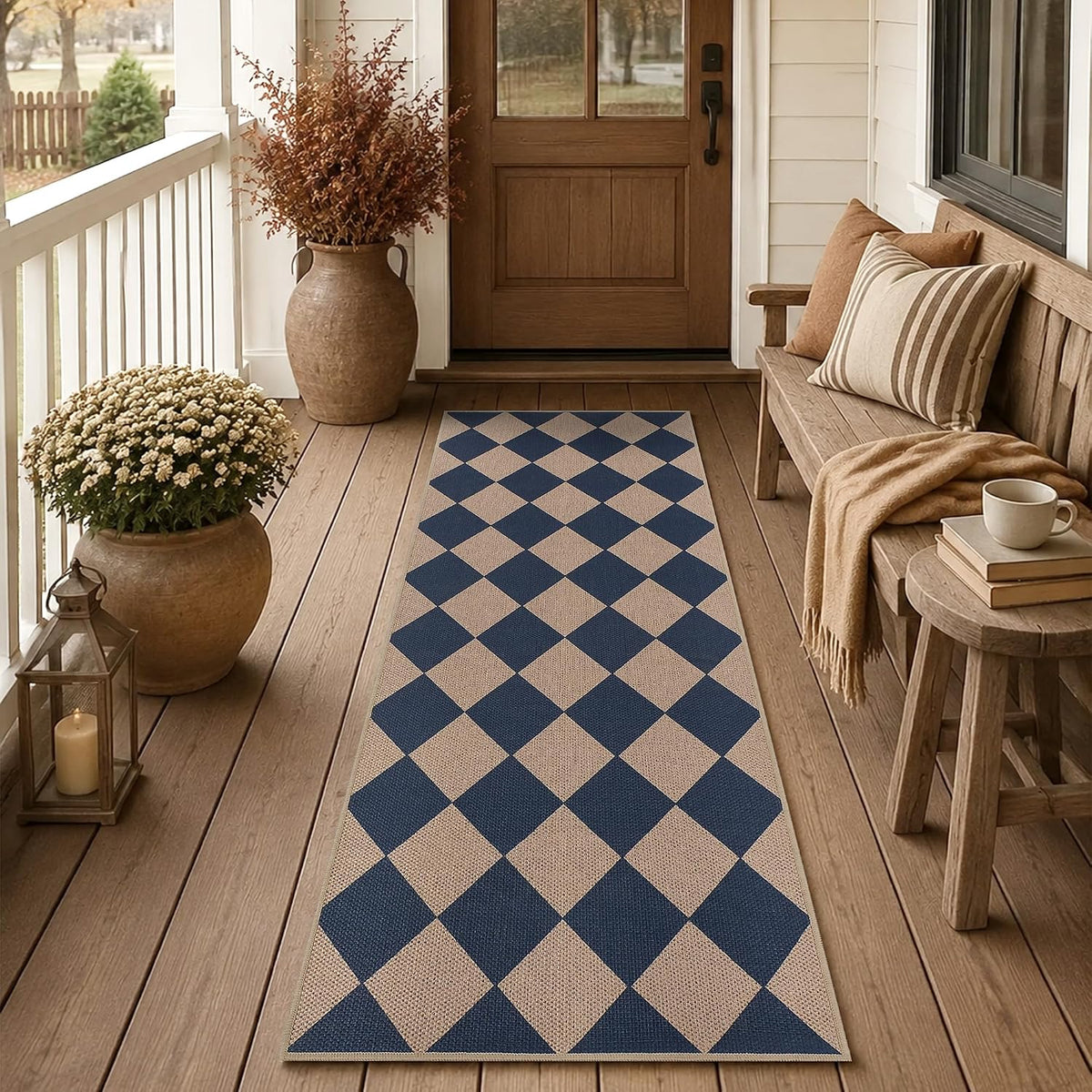 Navy-and-beige diamond-check runner placed on a porch with planters and a wooden bench.