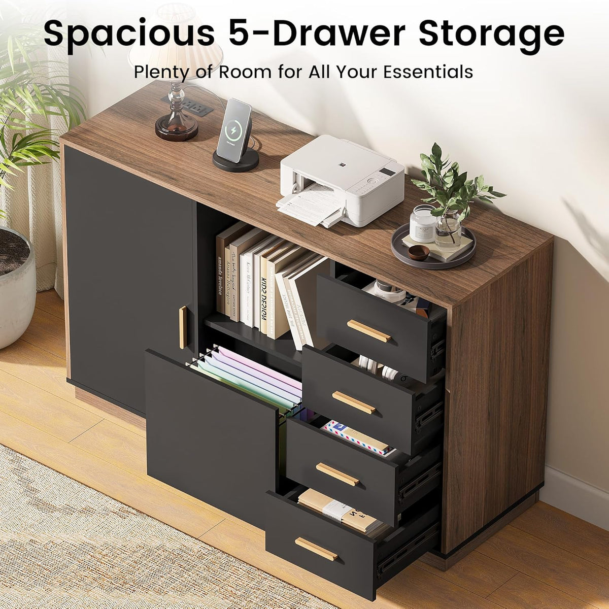 Five-drawer cabinet with right-side drawers open, left door open to shelf area, wood top with printer and plant.