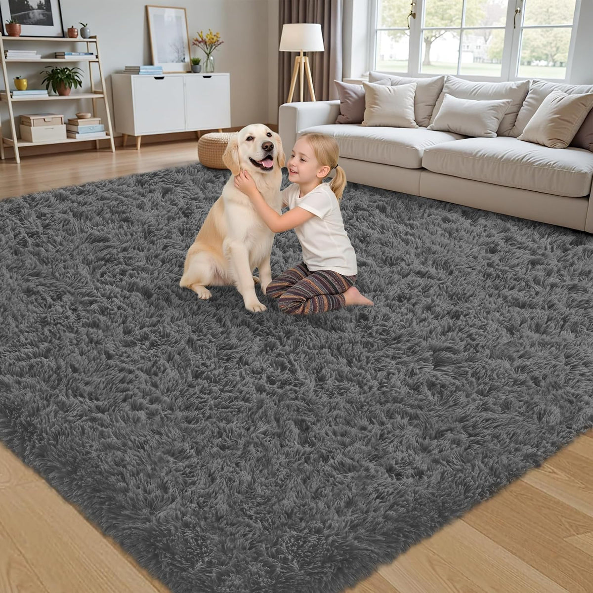 Square/rectangular dark gray shag rug with a girl kneeling and petting a dog in a living room