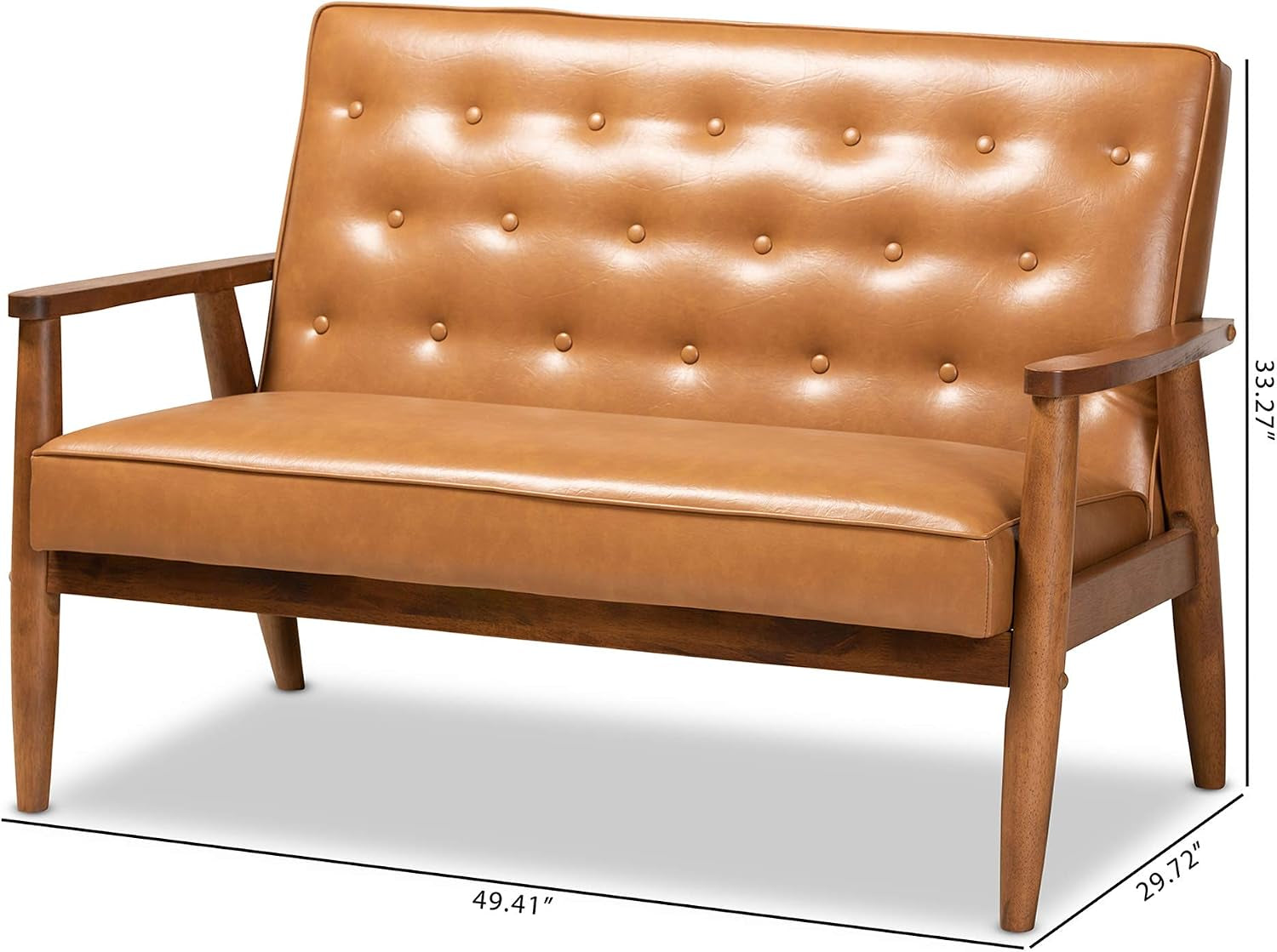 Front angled view with dimensions overlay showing tan faux leather loveseat and walnut brown frame