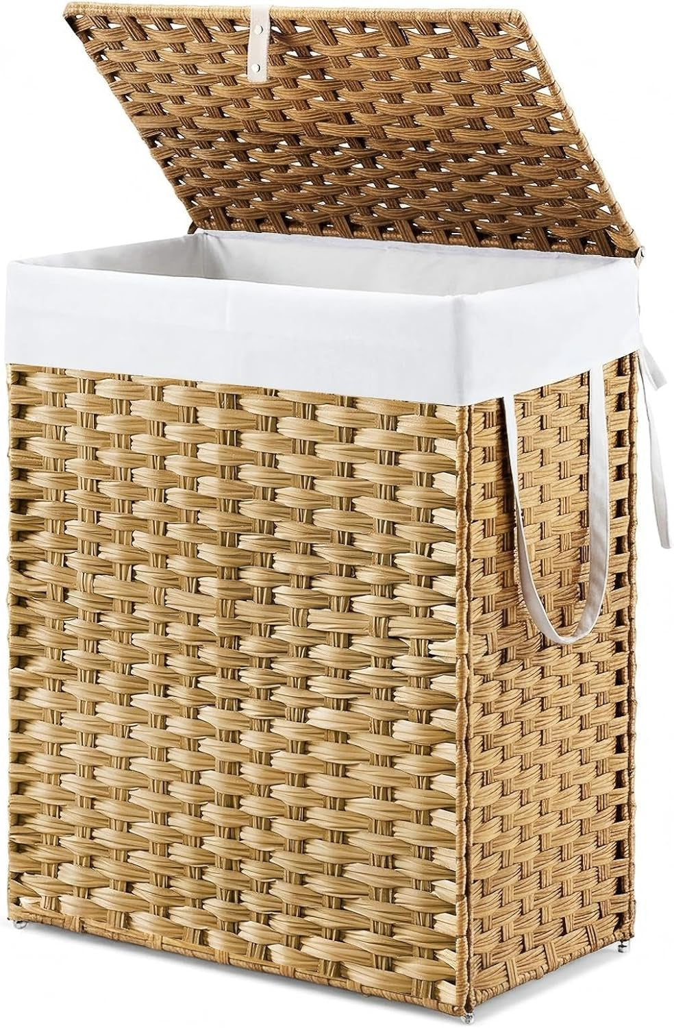 Tight close-up of a tan woven hamper with the lid open, showing weave texture and interior depth.