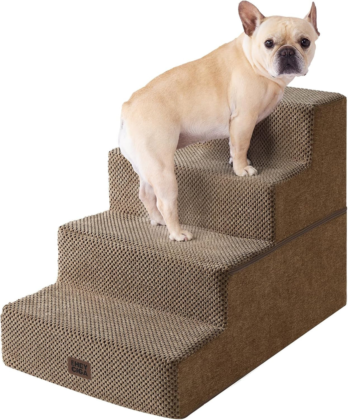 Four-step tan fabric pet stairs with small dog posed on the middle steps