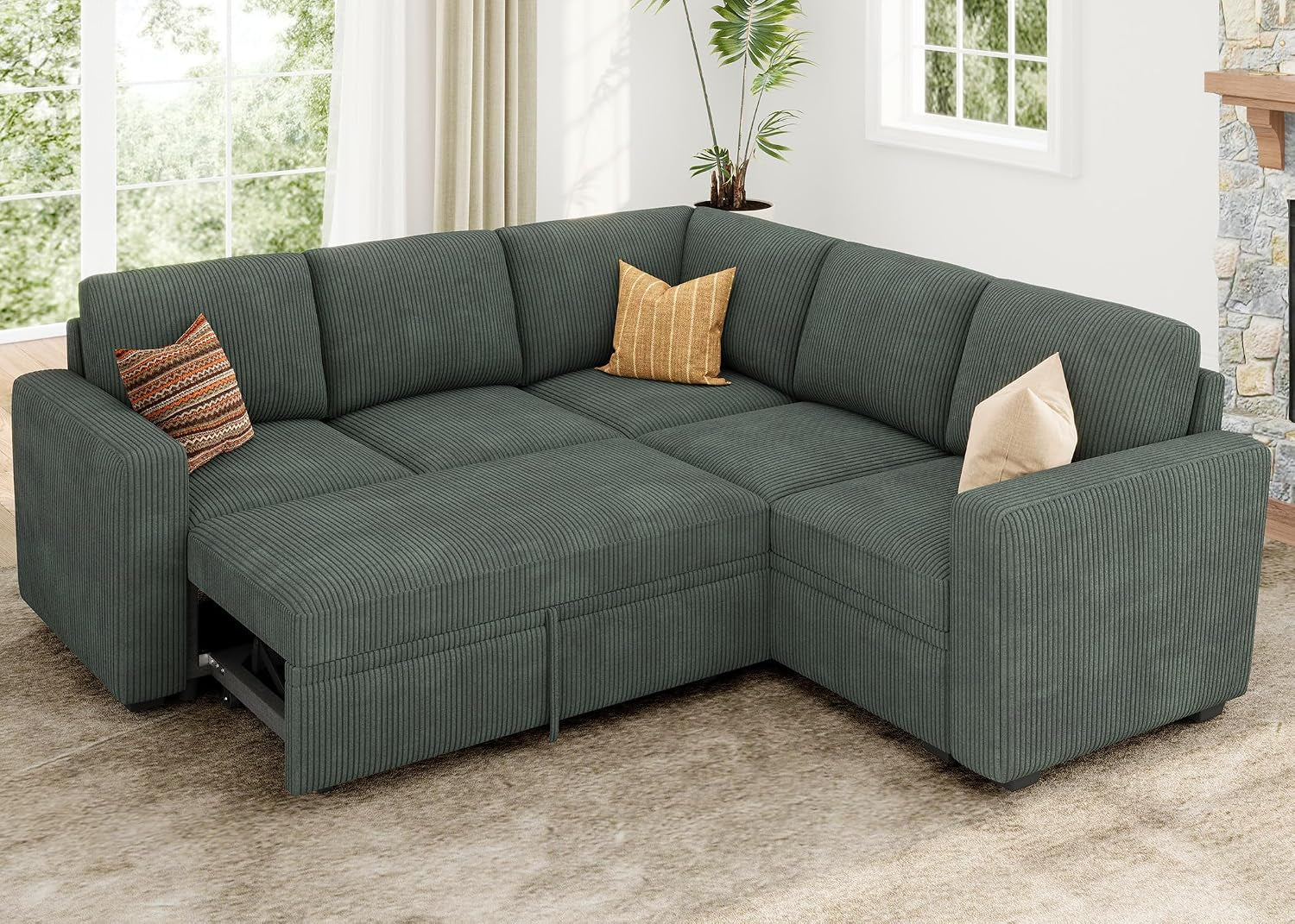 Modular Sectional Sleeper Sofa with Pull Out Bed, Corduroy L Shaped Couch with Storage, Sectional Couches for Living Room, Green