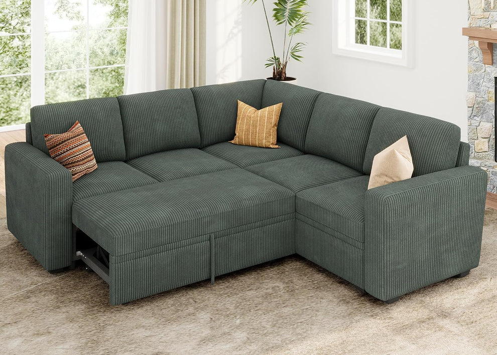 Modular Sectional Sleeper Sofa with Pull Out Bed, Corduroy L Shaped Couch with Storage, Sectional Couches for Living Room, Green
