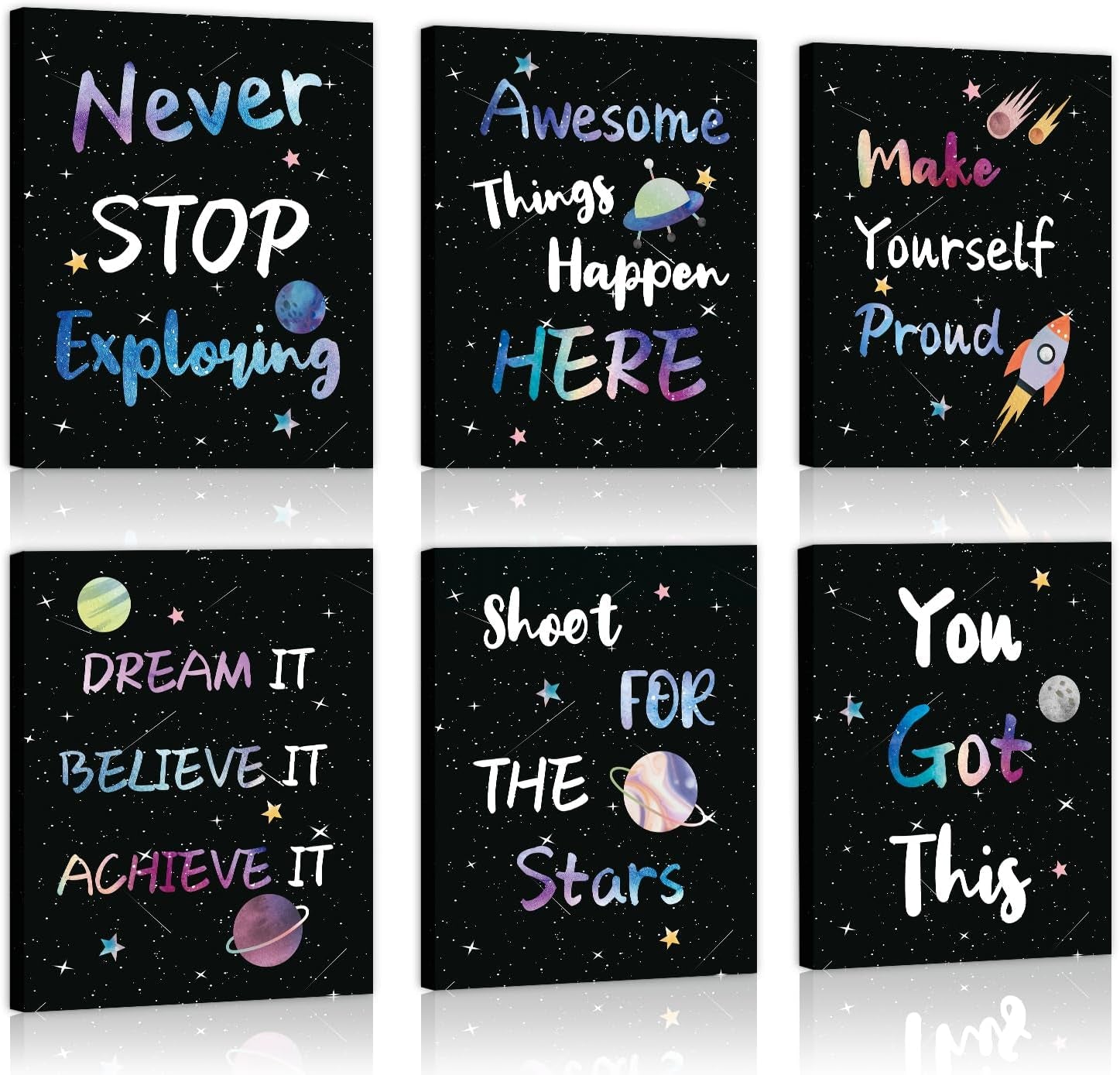Six black space-themed motivational posters with colorful planet and star illustrations.