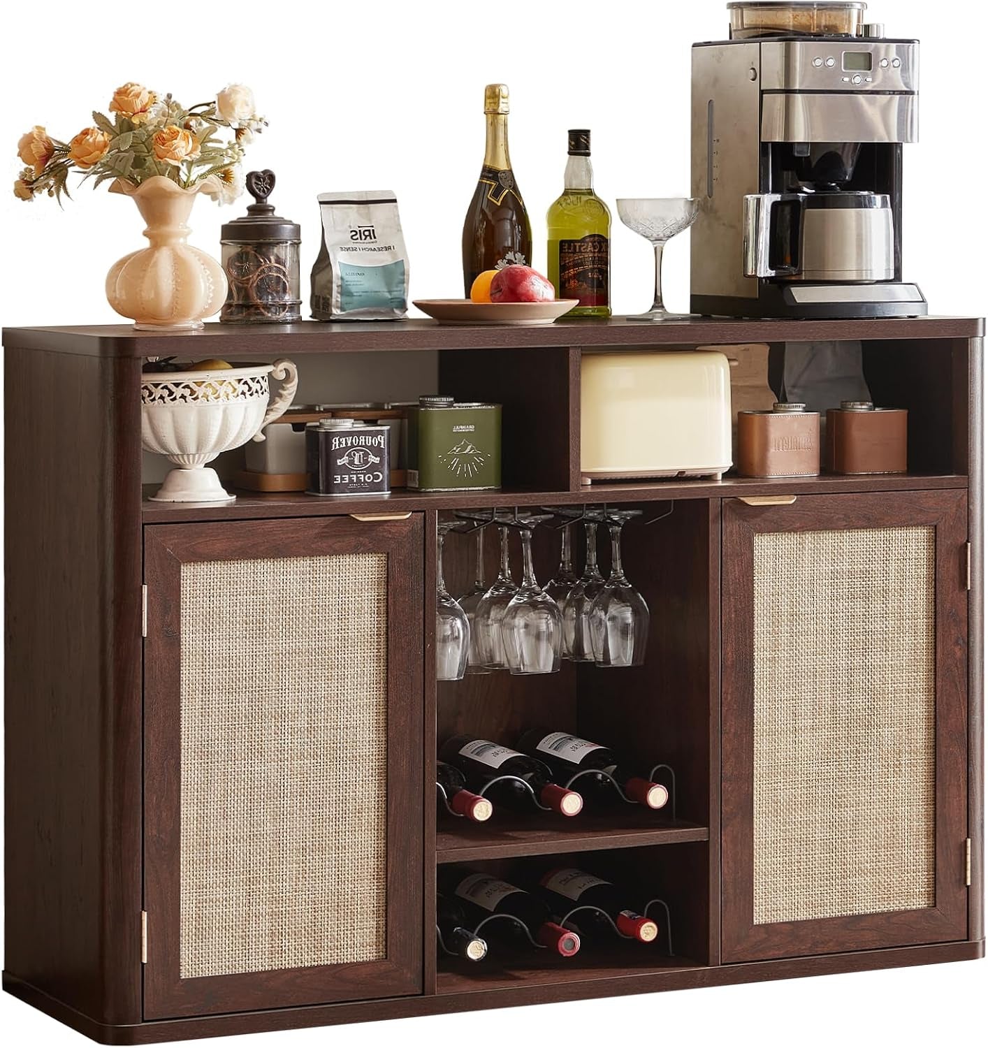 Front view of a dark wood rattan-front wine cabinet styled with bottles and a coffee maker.
