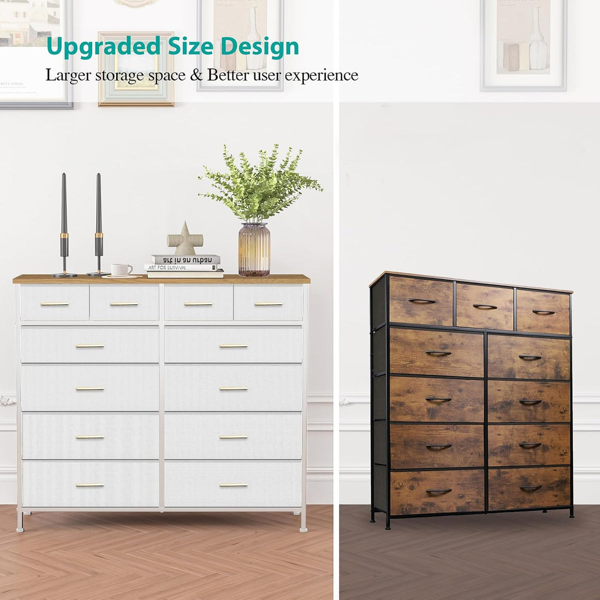 Side-by-side view showing the dresser in white finish (left) and a darker wood finish (right).